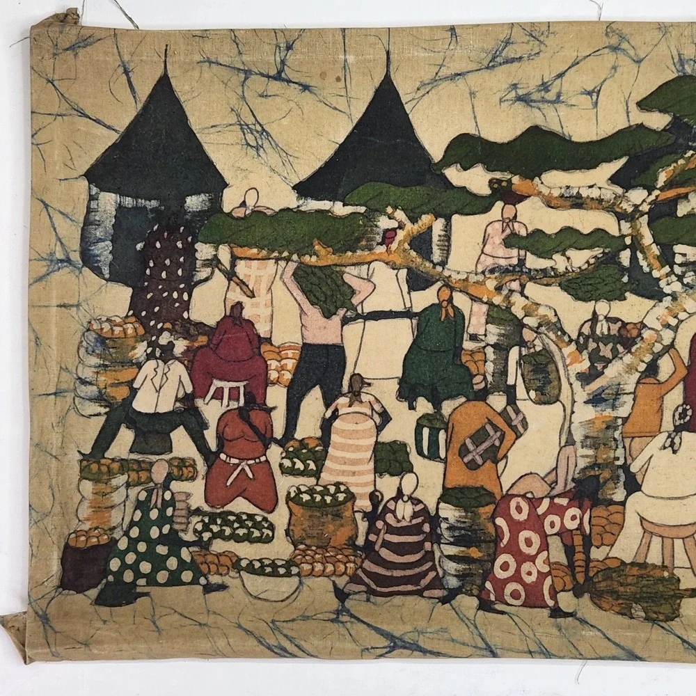 Vintage African Batik Fabric Art Hand Painted Village Market Scene 30x16 Tan